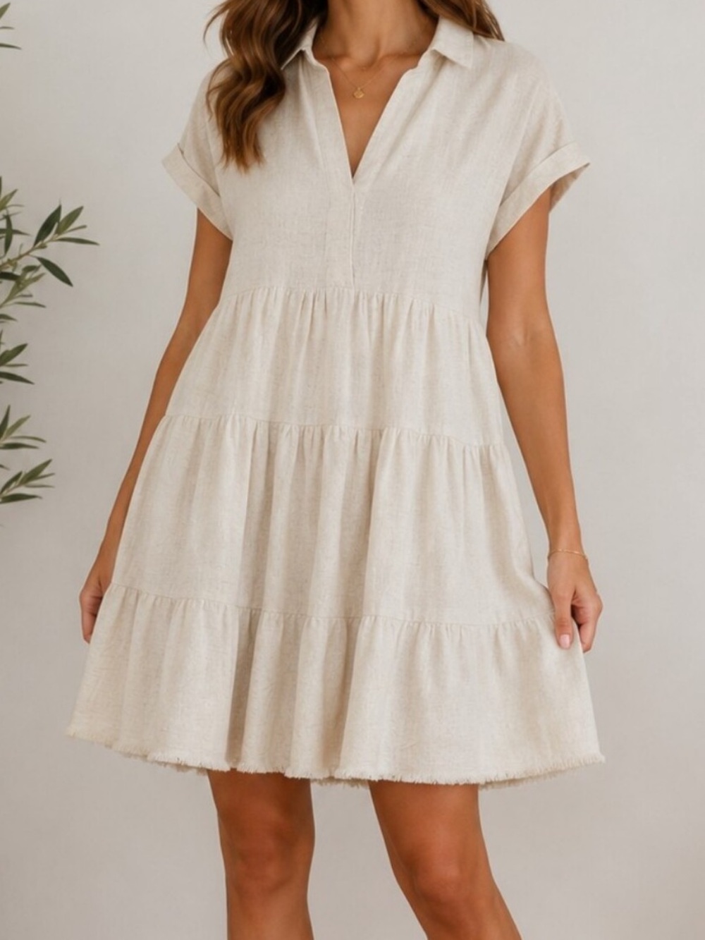 Umgee Cream A-Line Linen-Blend Tiered Skirt Dress